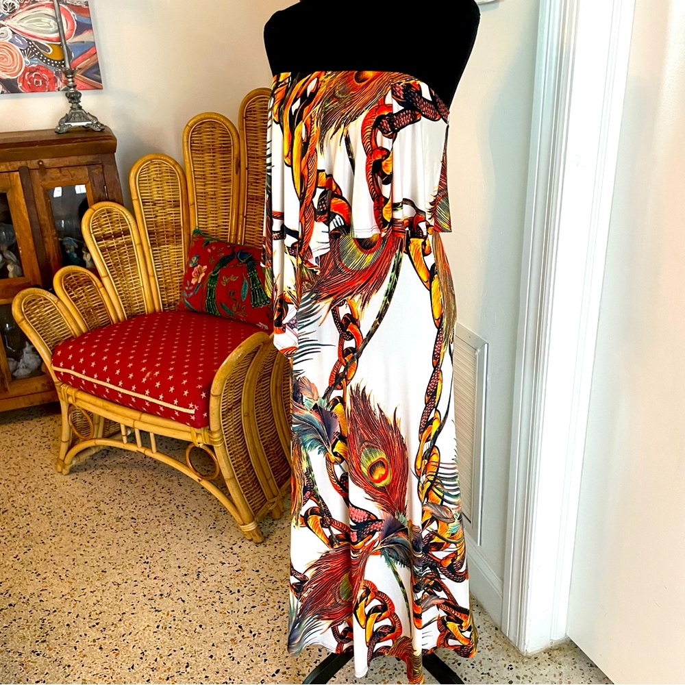 Alex Mark Full Length Print Knit Strapless Dress! Good Cond! Casual or Special